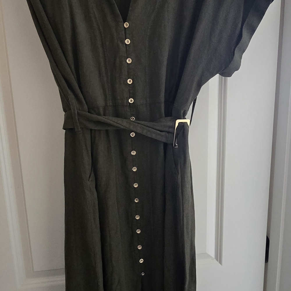 Zara Dark Green Button-Front Midi Dress